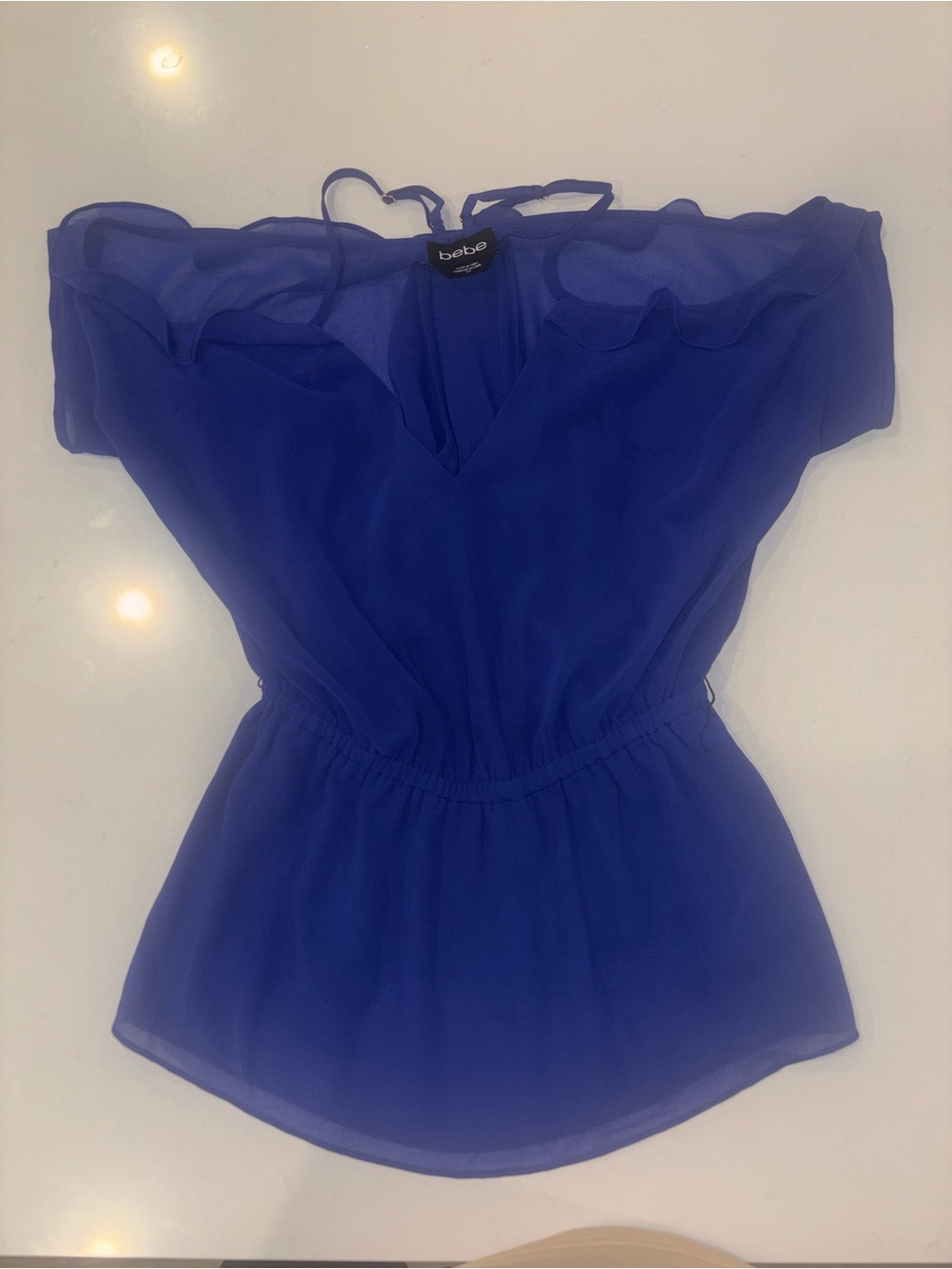 bebe Royal Blue Sheer Romper V-Neck Elastic Waist Size S/P
